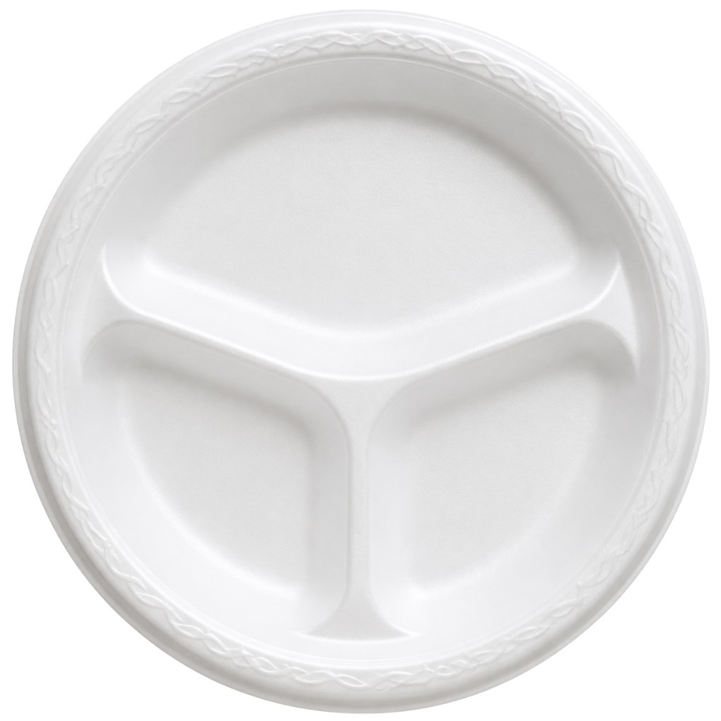  9 INCH FOAM PLATES 3 COMPARTMENT WHITE 500/CS