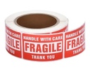 3X2 LABEL "FRAGILE, HANDLE WITH CARE, THANK YOU" RED/WHITE 500/RL